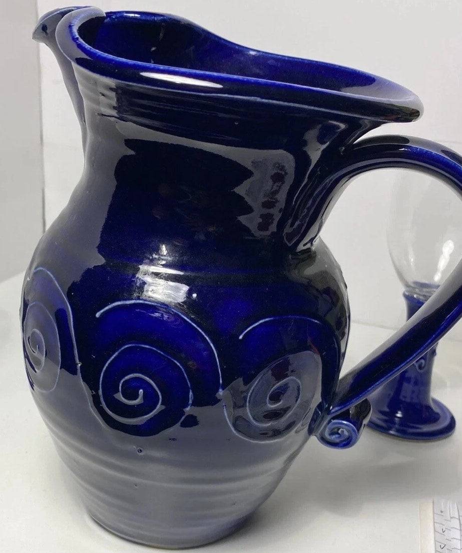 Studio pottery pitcher cobalt blue and glass Wine Glass Statement Piece