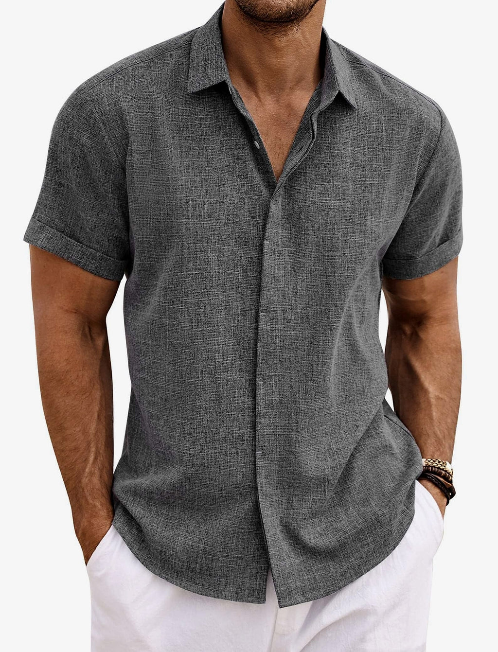 COOFANDY Men's Linen Short Sleeve Casual Button Down Shirt