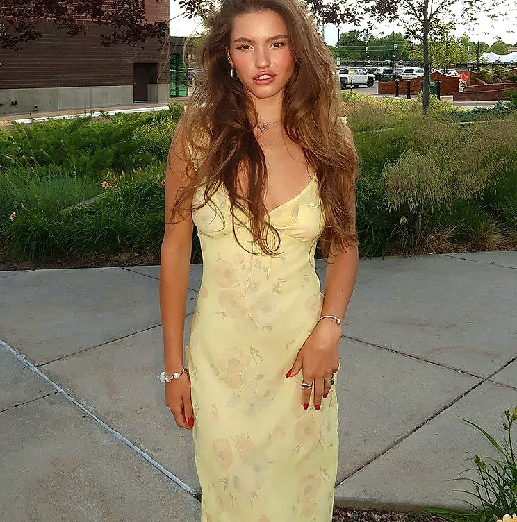 Cryptographic Summer Floral Plunge Maxi Dress Backless