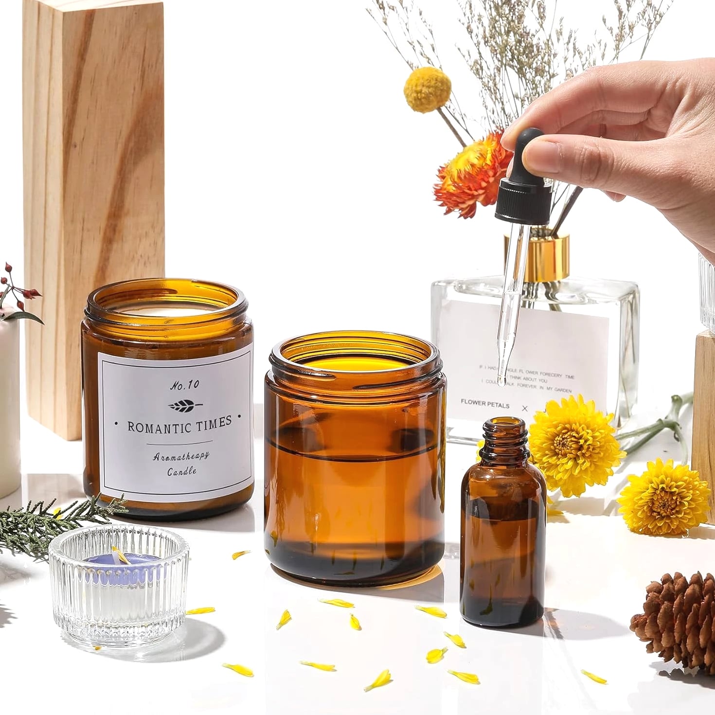 12 Pack 8 OZ Thick Glass Jars with Lids - Dark Amber Candle Jars with Metal & Plastic Lids