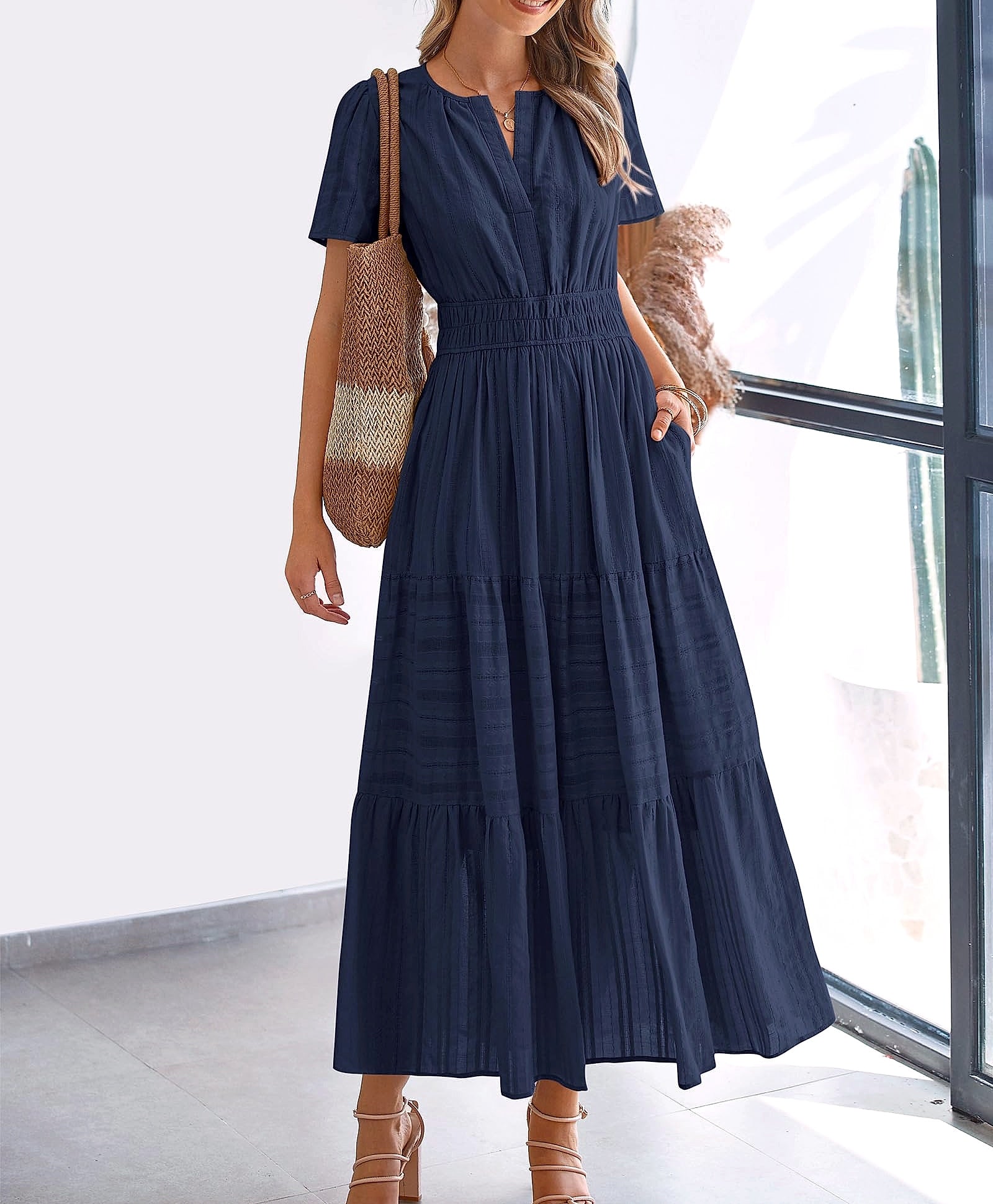 BTFBM Women's Casual Midi Maxi Dress Short Sleeve V Neck