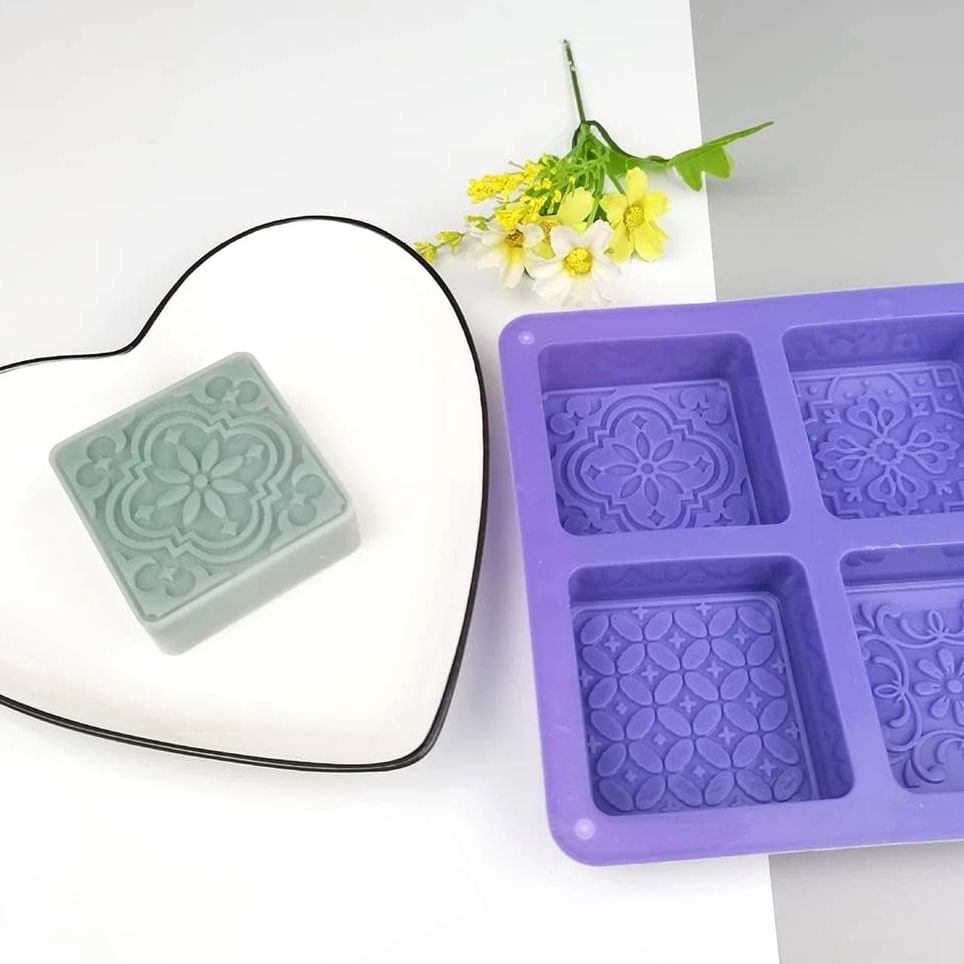Silicone Soap Mold - 4 Cavities Square Flower Baking Molds For Soap Candles Jelly