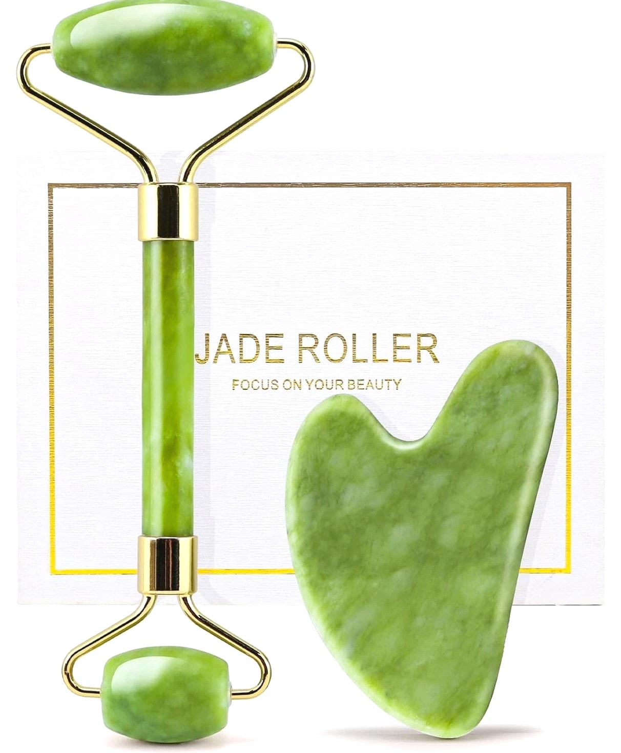 Jade Roller & Gua Sha Set for Face - Cooling, Firming, Sculpting Tool for Skin