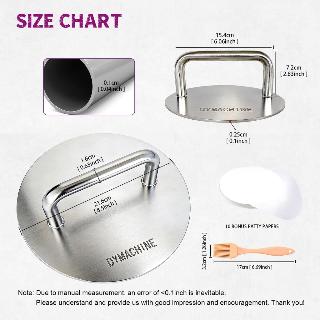Smash Burger Press - 8.5 Inch Stainless Steel Hamburger Press, 2.5mm Thick Heavy Duty