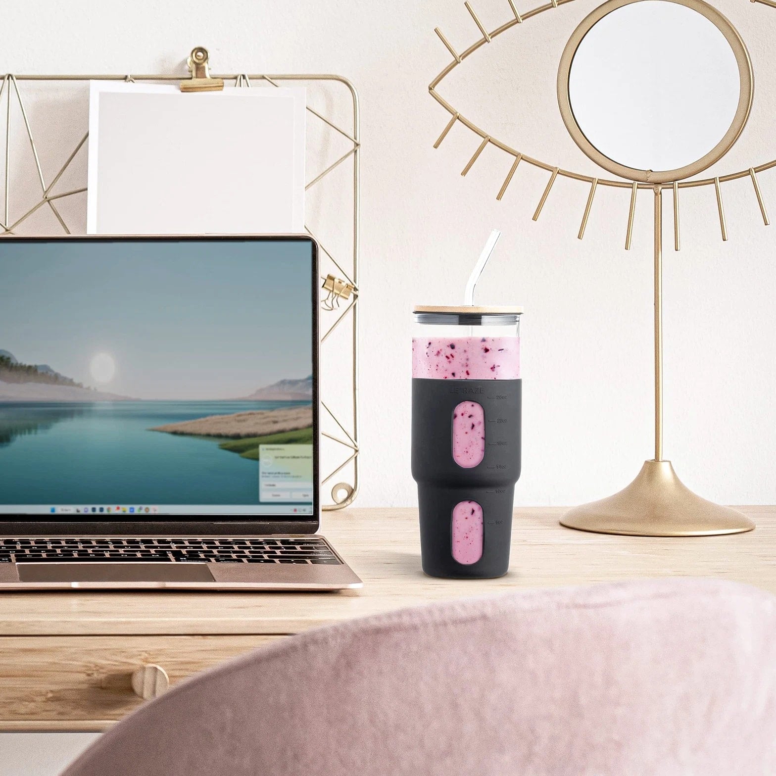 32 oz Black Glass Tumbler with Straw & Bamboo Lid, Silicone Sleeve, Reusable B...