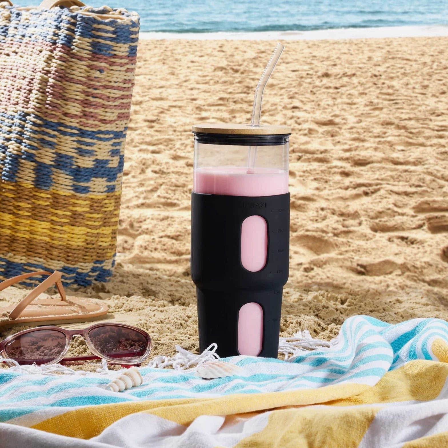 32 oz Black Glass Tumbler with Straw & Bamboo Lid, Silicone Sleeve, Reusable B...