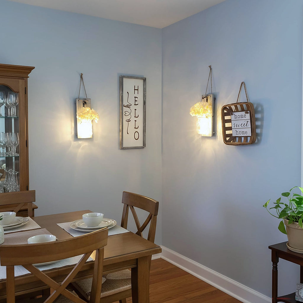 Besuerte Rustic Wooden Wall Sconce with LED String Lights, Set of 2