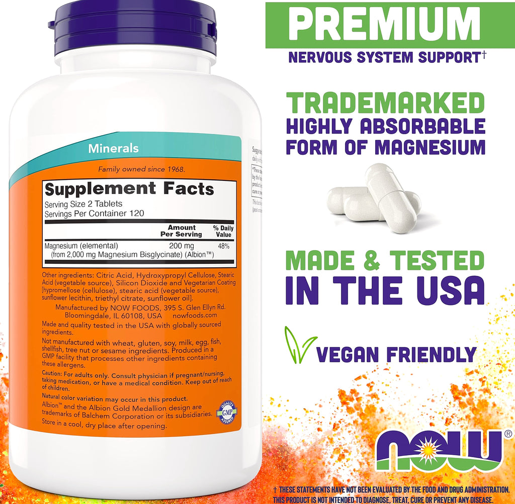 NOW Foods Magnesium Glycinate 240 Tablets for Muscle Support