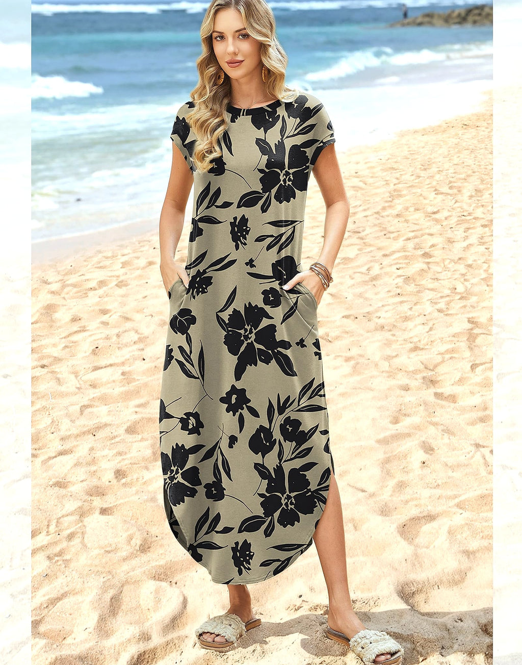 WIHOLL Summer Maxi Dress Cap Sleeve Crewneck with Pockets