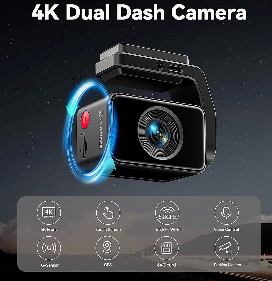 Redtiger A4 4K Dash Cam with GPS, WiFi, and Rear Camera