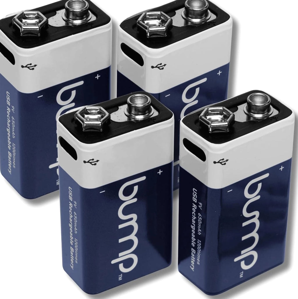 4 Pack 9 Volt Lithium Ion Rechargeable Batteries 650mAh USB-C Type Cable Bump