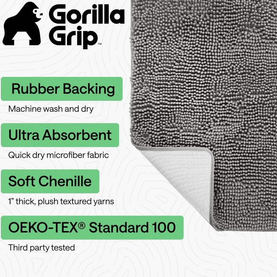 GORILLA GRIP Bath Rug Mat 30X20, Thick Soft Absorbent Chenille, Quick-Dry Microfiber