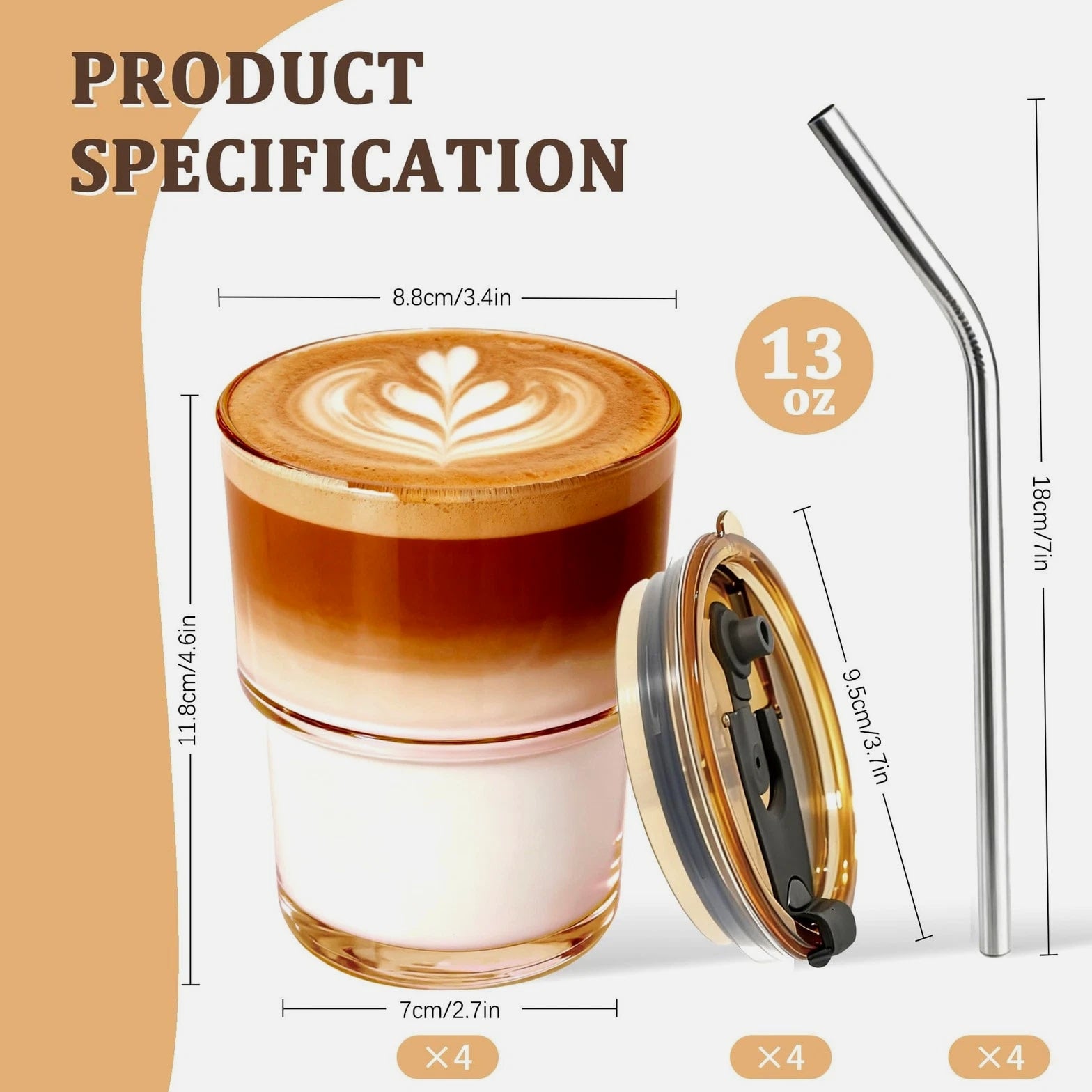 4 Packs Glass Tumbler with Lid and Straw 13 oz Cute Ice Coffee Cup Set for Sm...