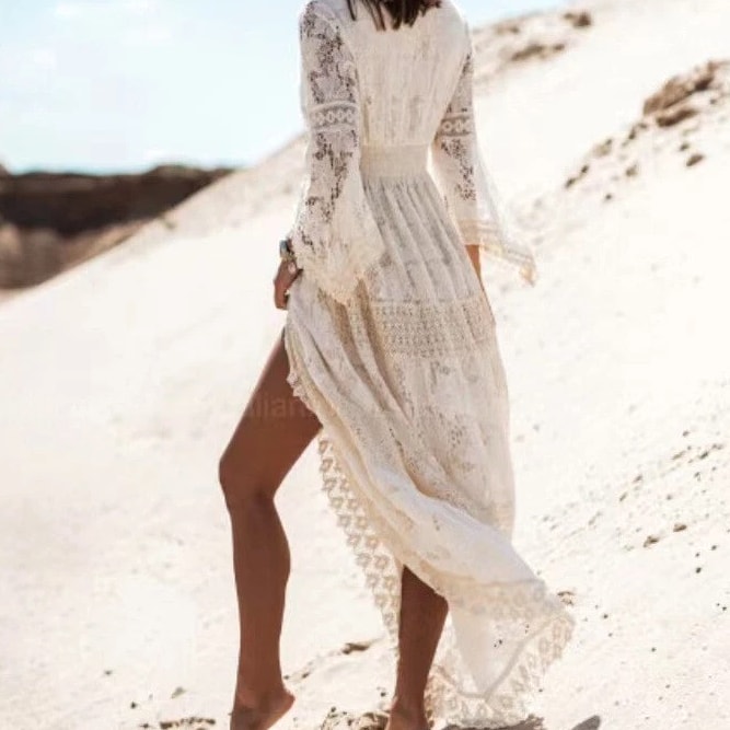 Women's Boho Maxi Lace V Neck Flare Sleeve Dress Summer Party Beach Sundress