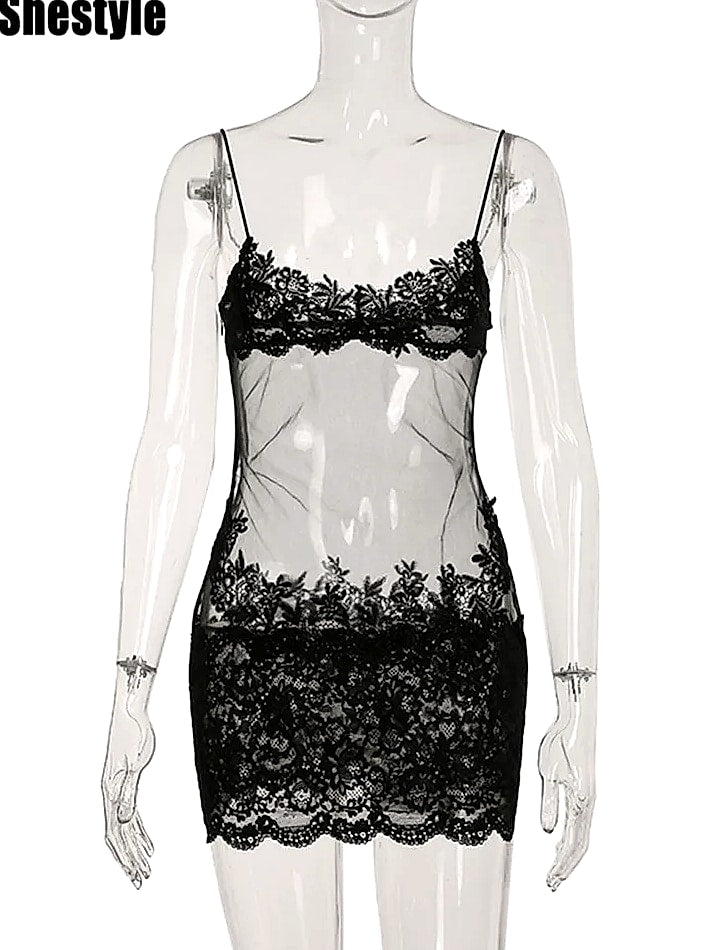 Grosfairy Lace Mini Dress with Spaghetti Straps and Flower Embroidery