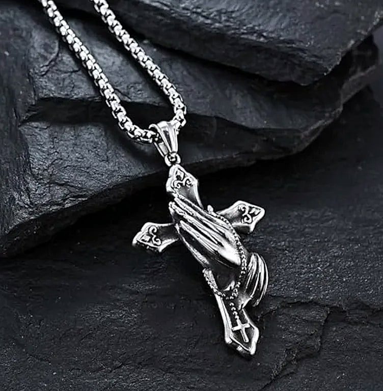 Stainless Steel Prayer Hands Cross Pendant Necklace