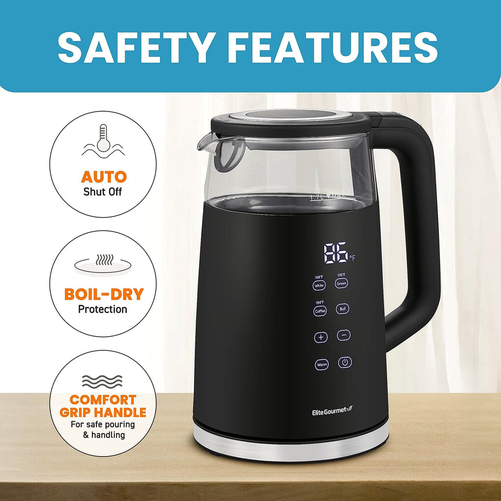 Elite Gourmet 1.7L Electric Tea Kettle with Digital Touchscreen