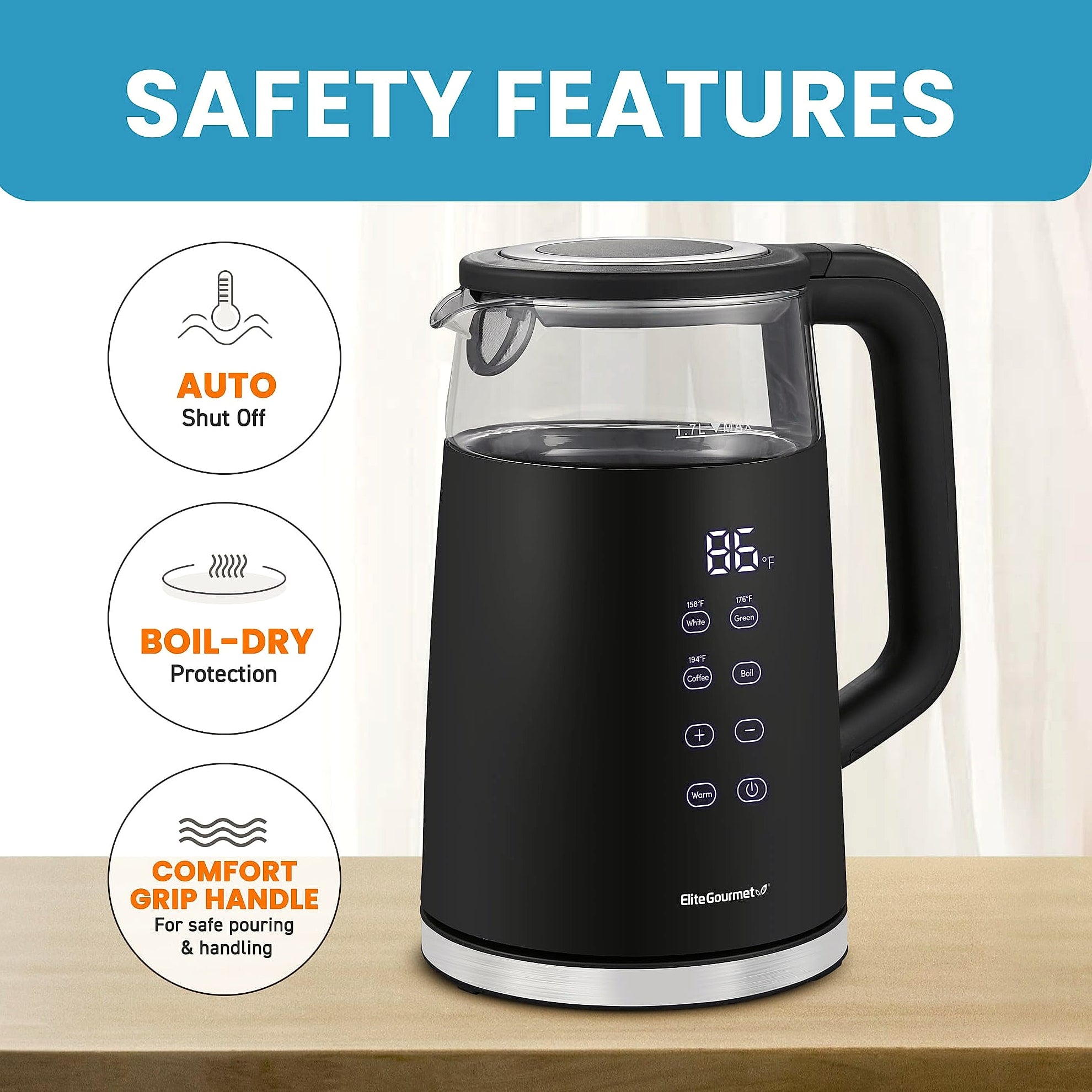 Elite Gourmet 1.7L Electric Tea Kettle with Digital Touchscreen