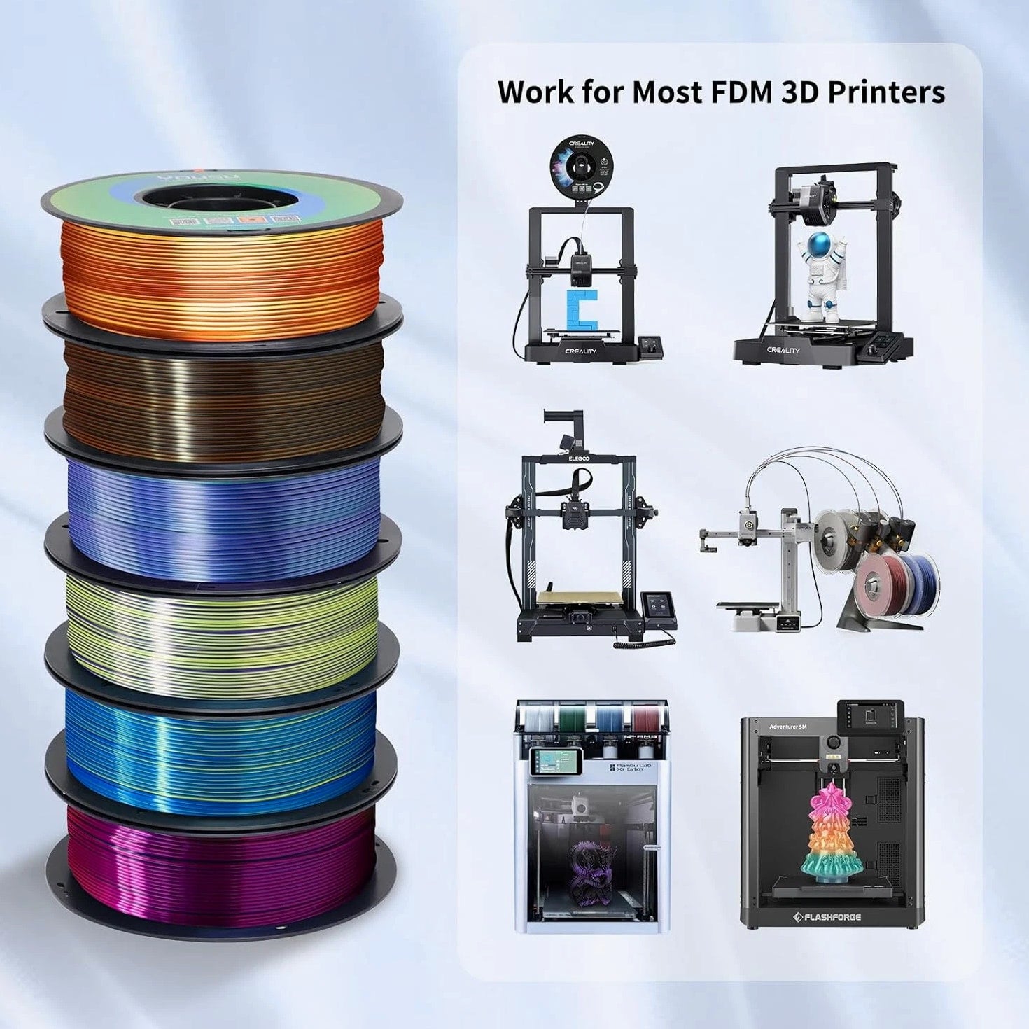 3D Printer Filament Silk PLA, Rainbow Color 1.75mm Tri-Color 6 Pack
