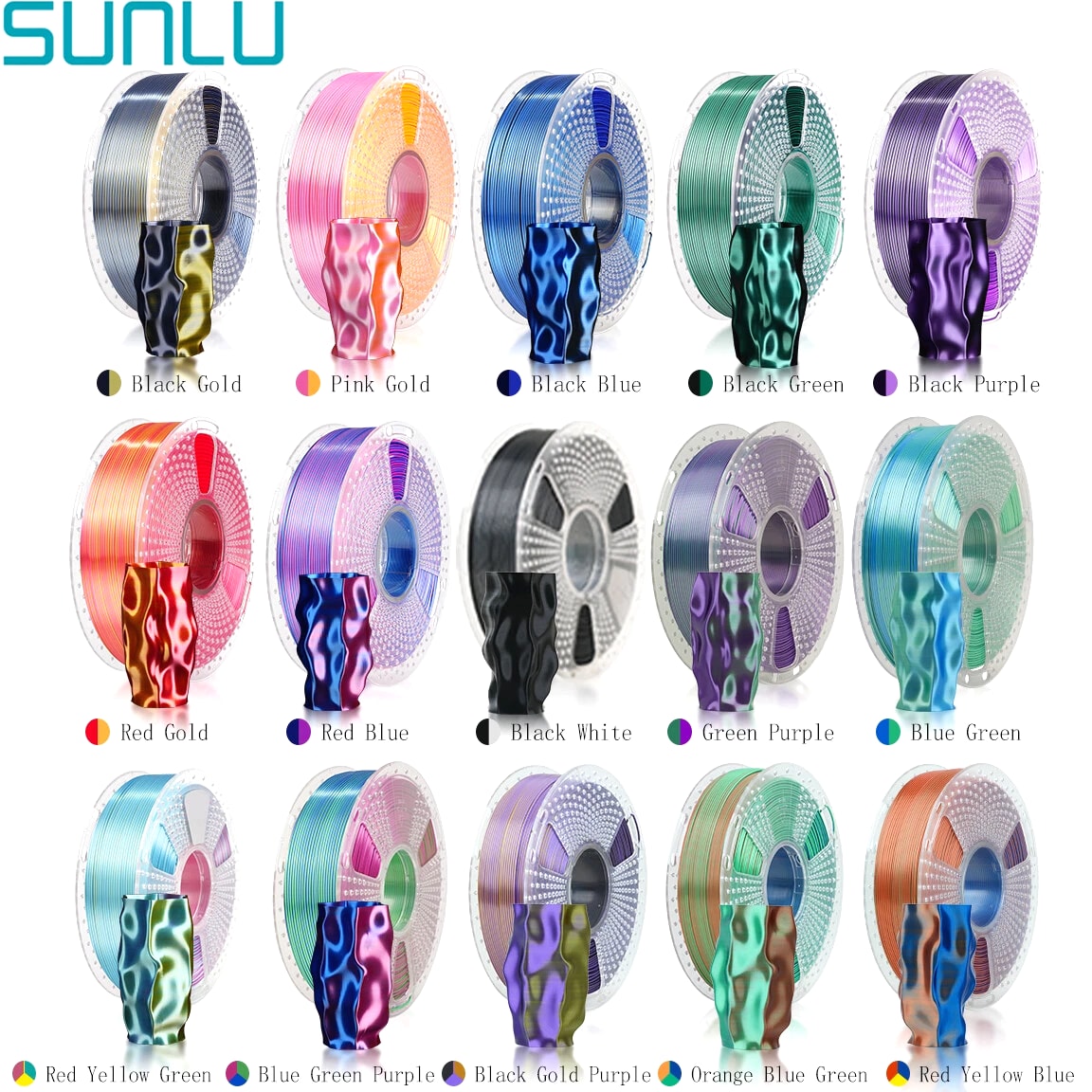 SUNLU Silk Textures PLA+ 3D Printer Filament Dual/Triple Color 1KG 1.75mm Smooth