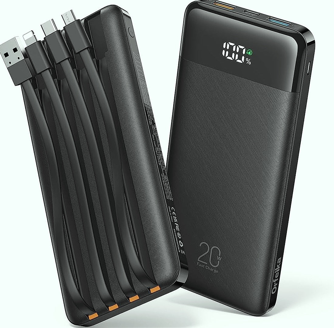 Orfeika 20000mAh Power Bank with 4 Built-in Cables
