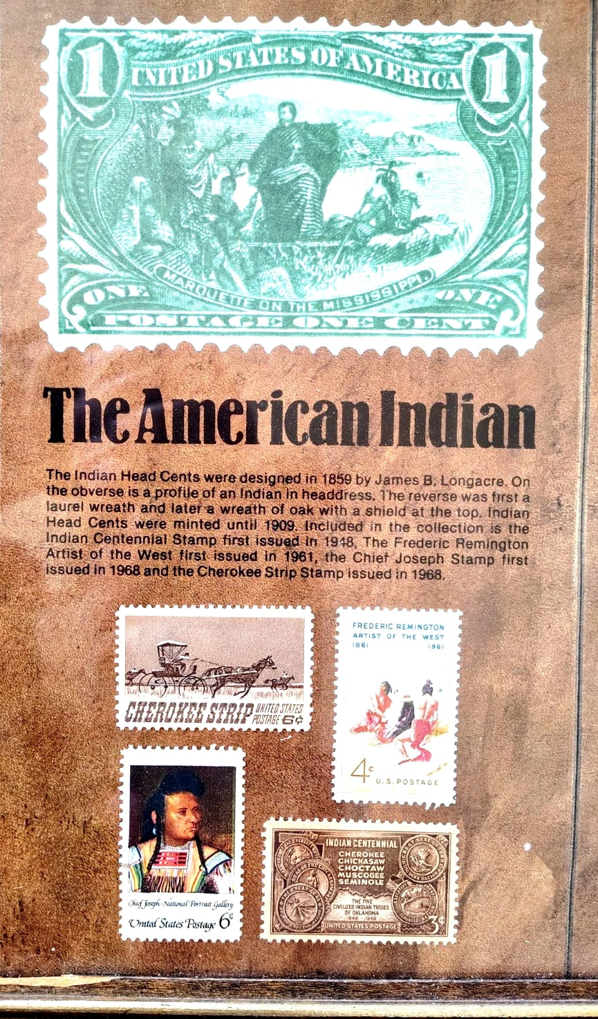 Vintage Framed 8 Indian Head Penny Coins and 4 Stamps "The American Indian" #A