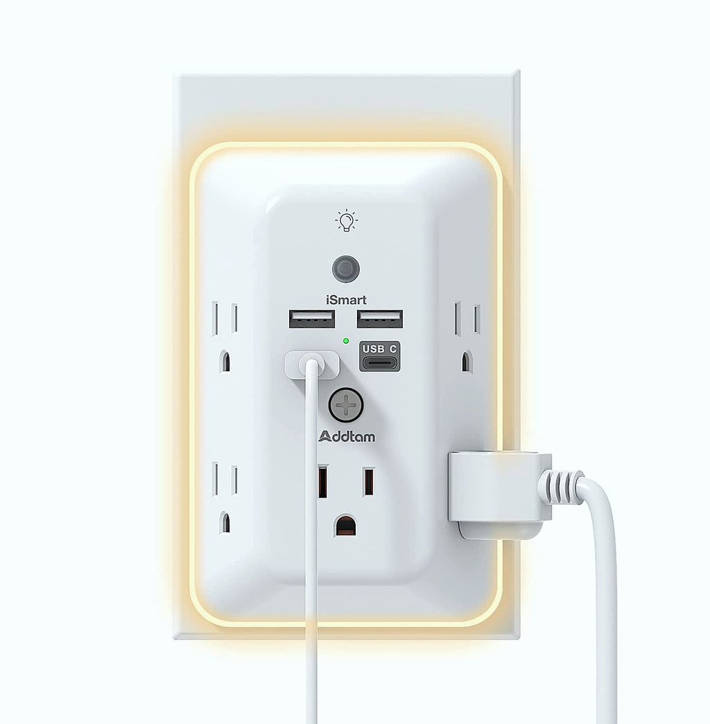 Addtam 5-Outlet Surge Protector with 4 USB Ports and Night Light