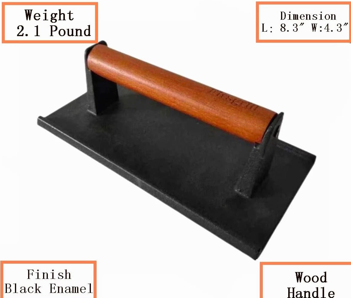 Burger Press 6.6" Round Heavy-Duty Cast Iron Smash Meat Steak with Wood Handl...