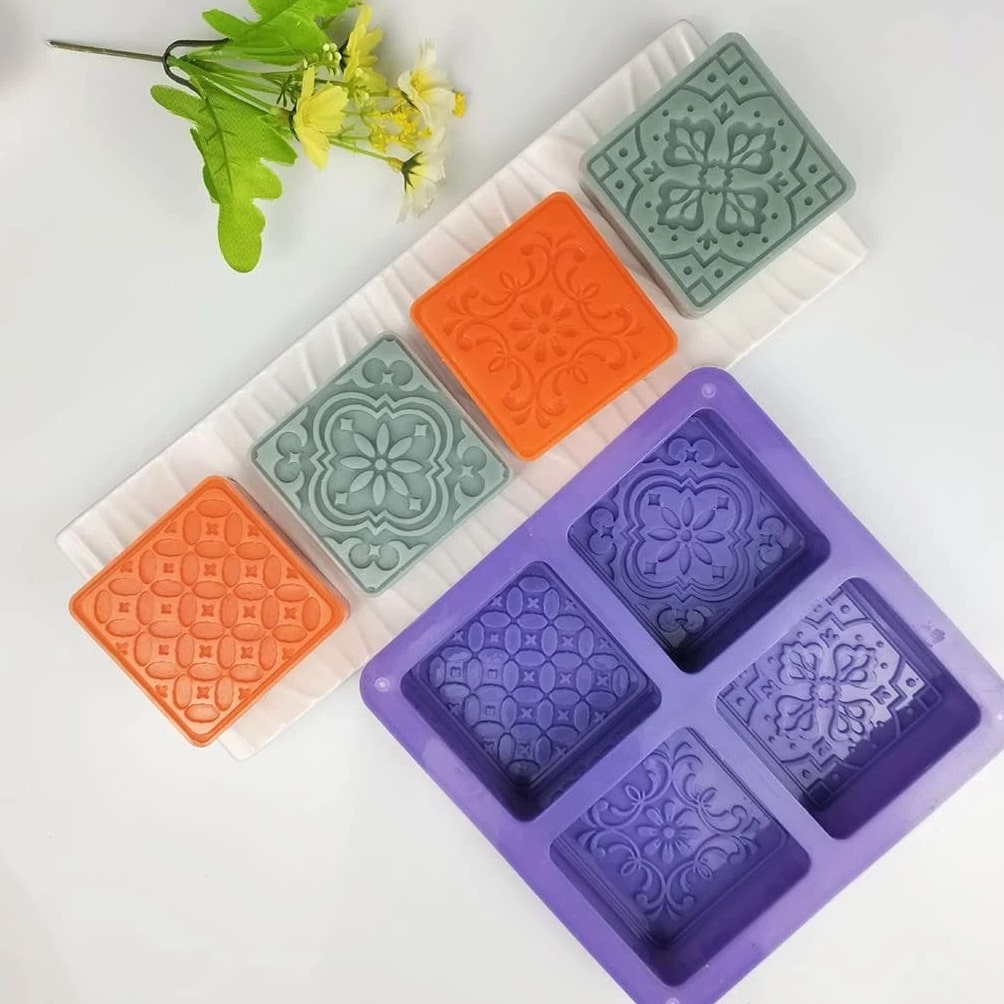 Silicone Soap Mold - 4 Cavities Square Flower Baking Molds For Soap Candles Jelly