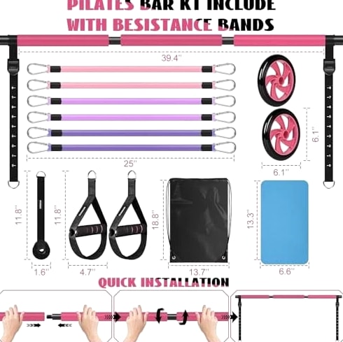 Pilates Bar Kit with Resistance Bands for Working Out, Pilates Equipment Pink
