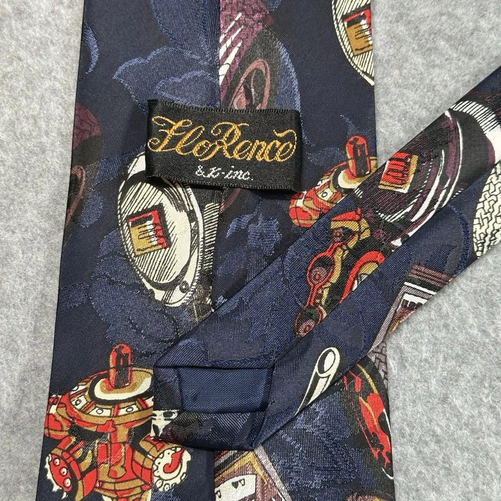 Vintage Florence Silk Tie, Automotive Gauges Novelty Navy 90s Mens 55x3.75in
