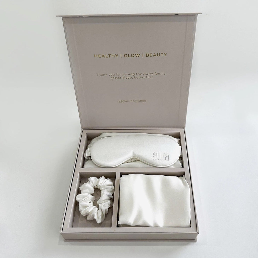 Aura 100% Mulberry Silk Sleep Set Pillowcase, Eye Mask, Bonnet, & free Scrunchie