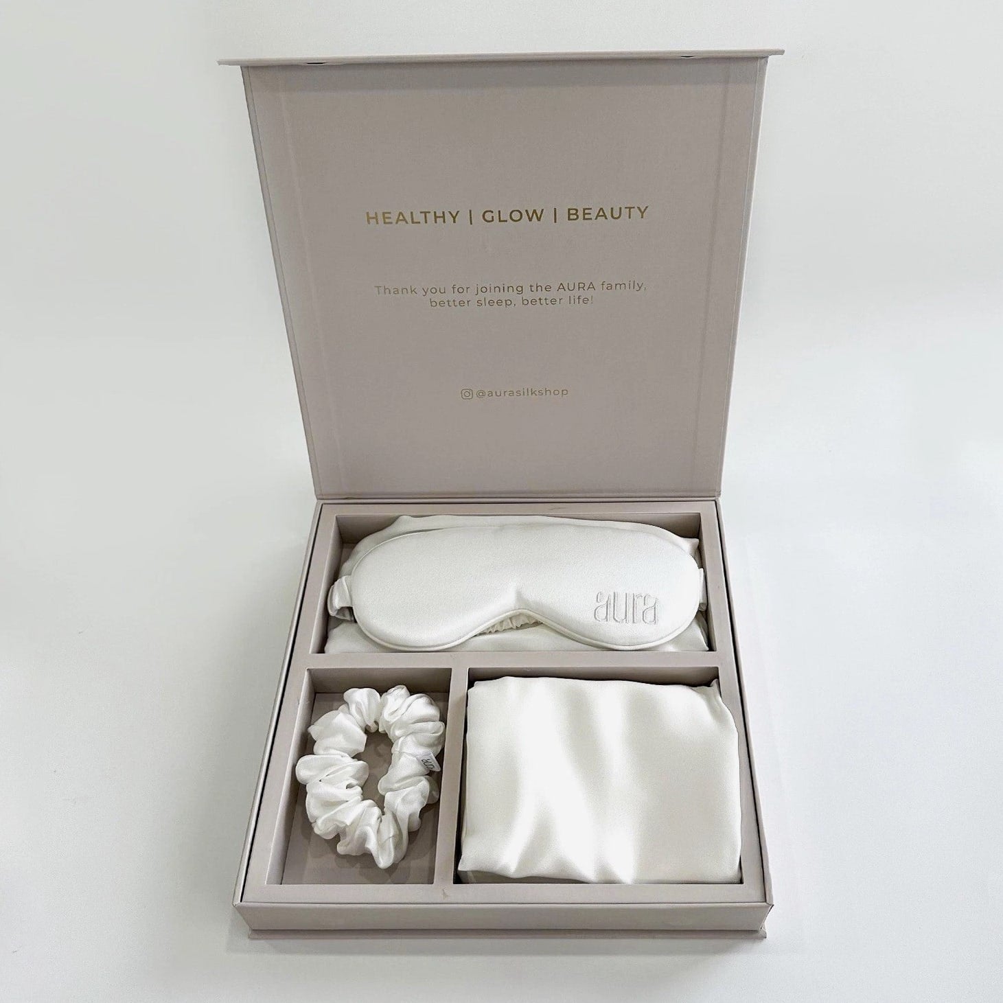 Aura 100% Mulberry Silk Sleep Set Pillowcase, Eye Mask, Bonnet, & free Scrunchie