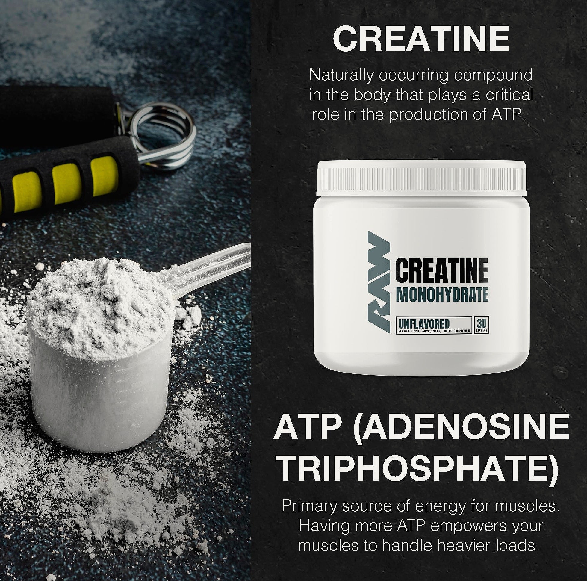 RAW Nutrition Creatine Monohydrate Powder, Unflavored 30 Servings