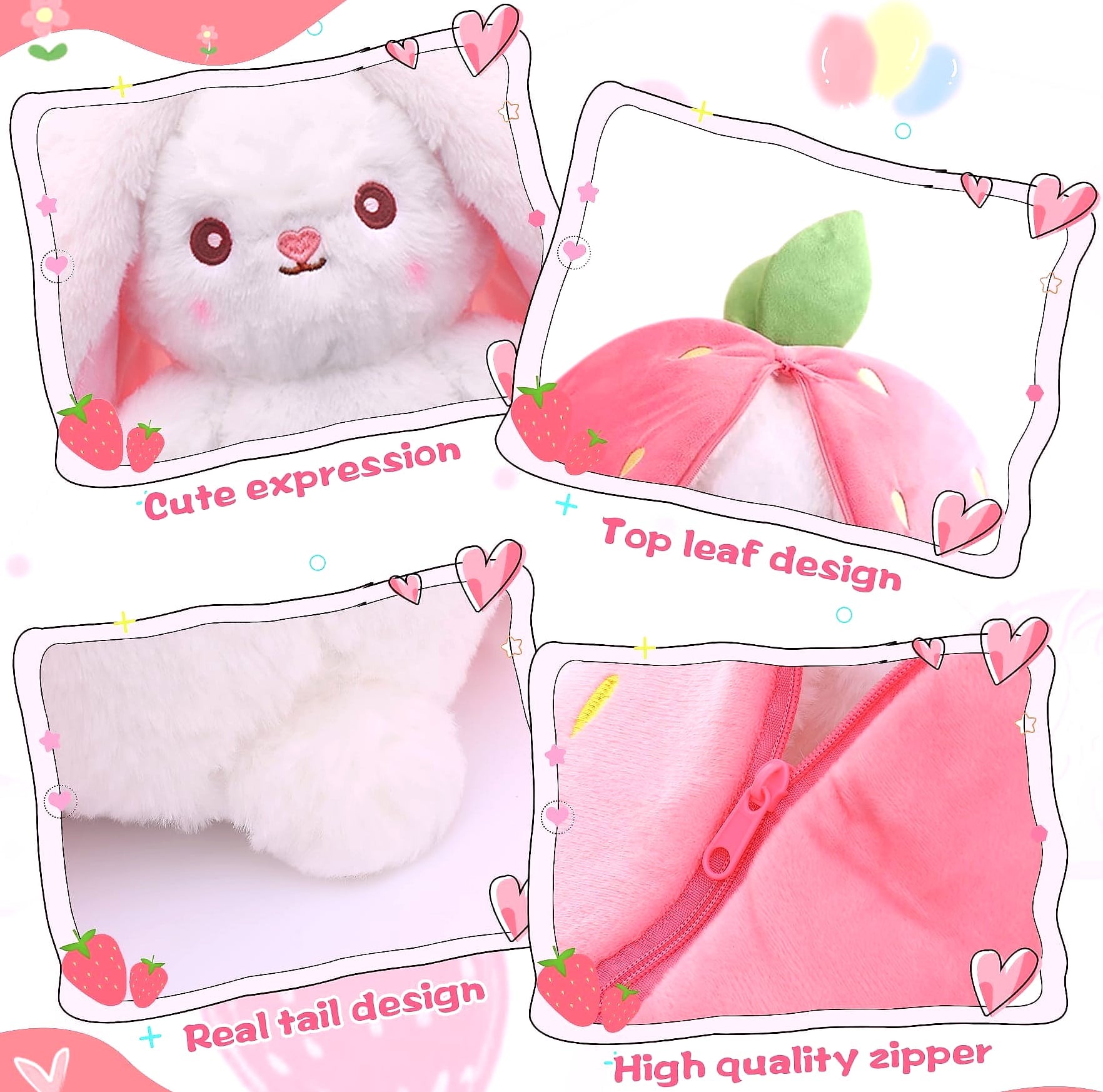MIAODAM Reversible Strawberry Bunny Plush Toy, 7 inch