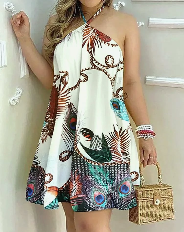 Floral Print Backless Halter Dress for Spring Summer