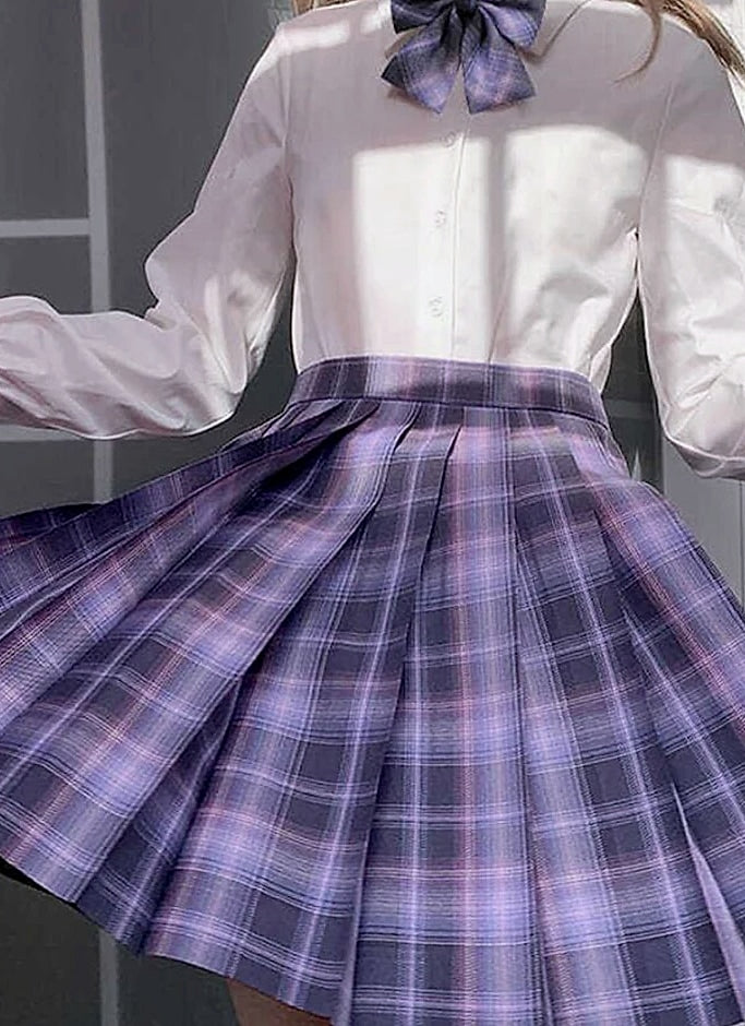 ZOKI Plaid Pleated Mini Skirt High Waist Bow Knot