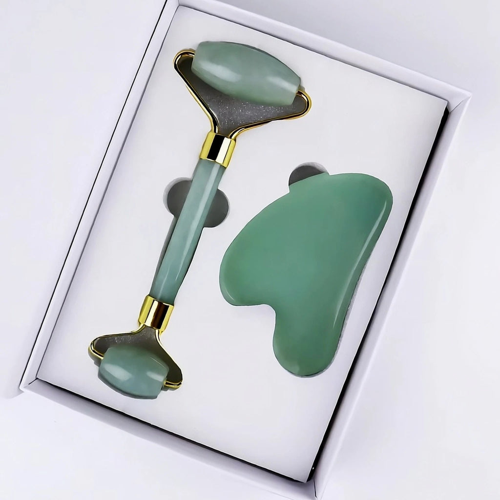 Premium Natural Jade Roller & Gua Sha Set - Facial Massager Anti-Aging Beauty Tool
