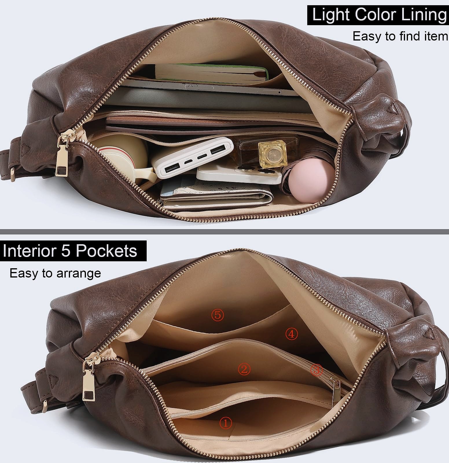 NIUEIMEE ZHOU Hobo Bag Foldable Vegan Leather Shoulder Handbag