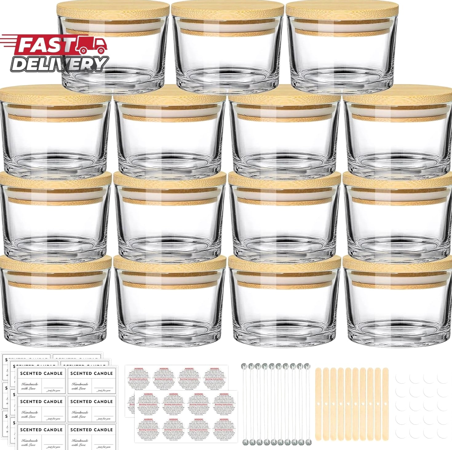 4 Oz Clear Candle Jars (15 Pack) - Small Wide Mouth Glass Jars with Bamboo Lids