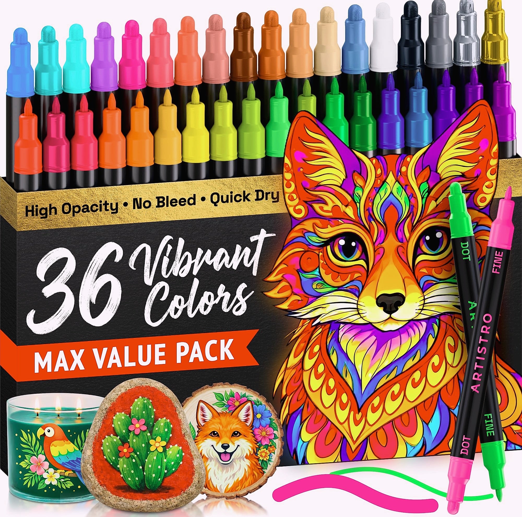 ARTISTRO 36 Dual-Tip Acrylic Paint Markers for Art and Crafts