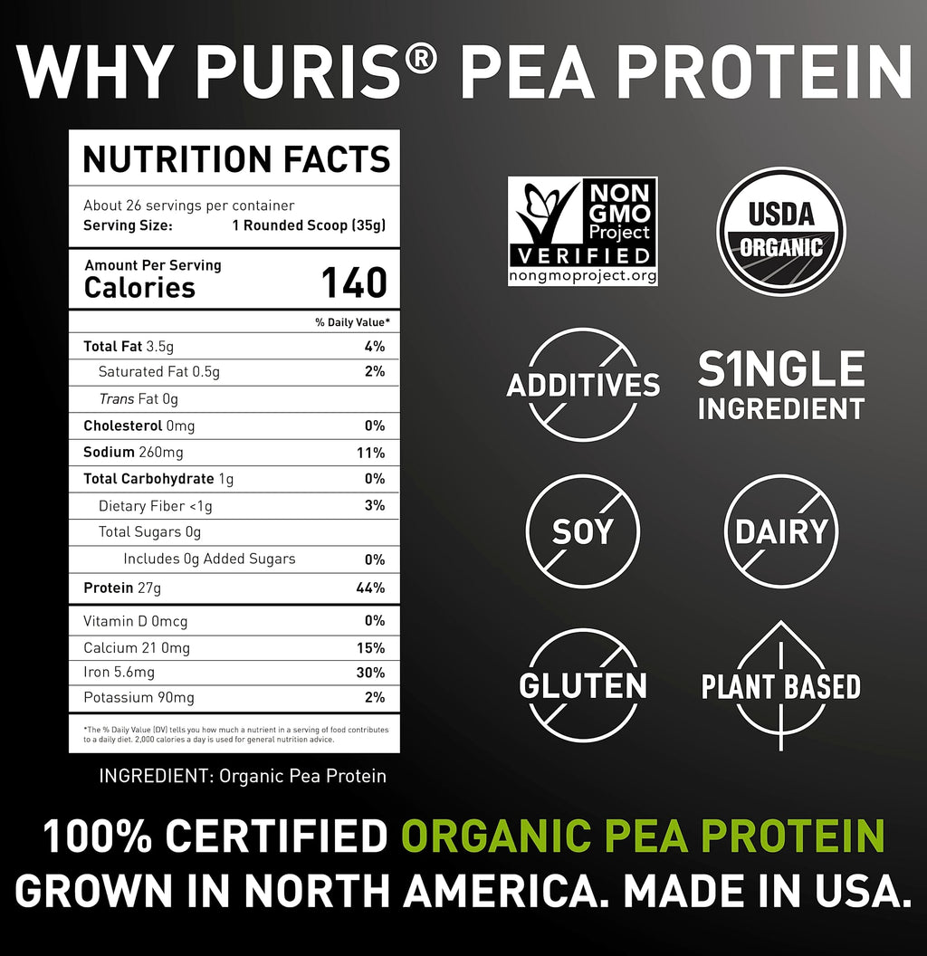 PURIS Organic Pea Protein Powder, 27g Plant Protein Vegan
