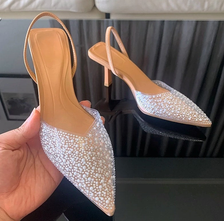 Nuolaian Pearl Slingback Pumps Women's Pointed Toe Heels
