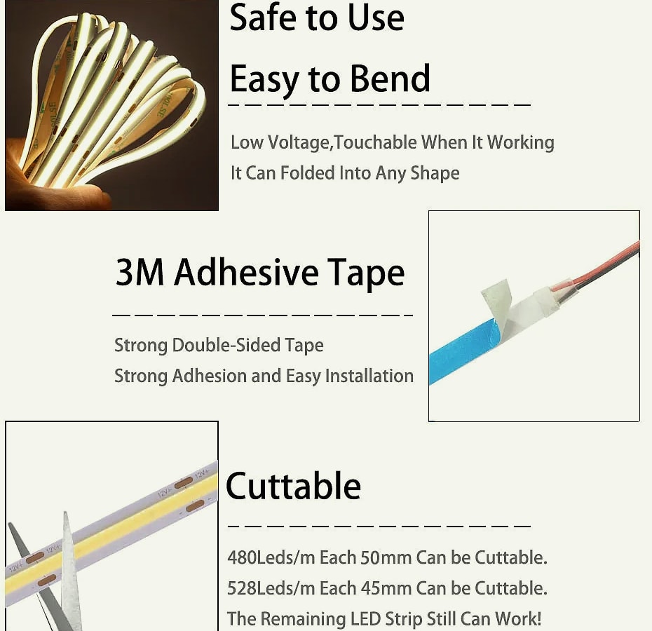 Xnbada COB LED Strip Light 480/528 LEDs/m Flexible