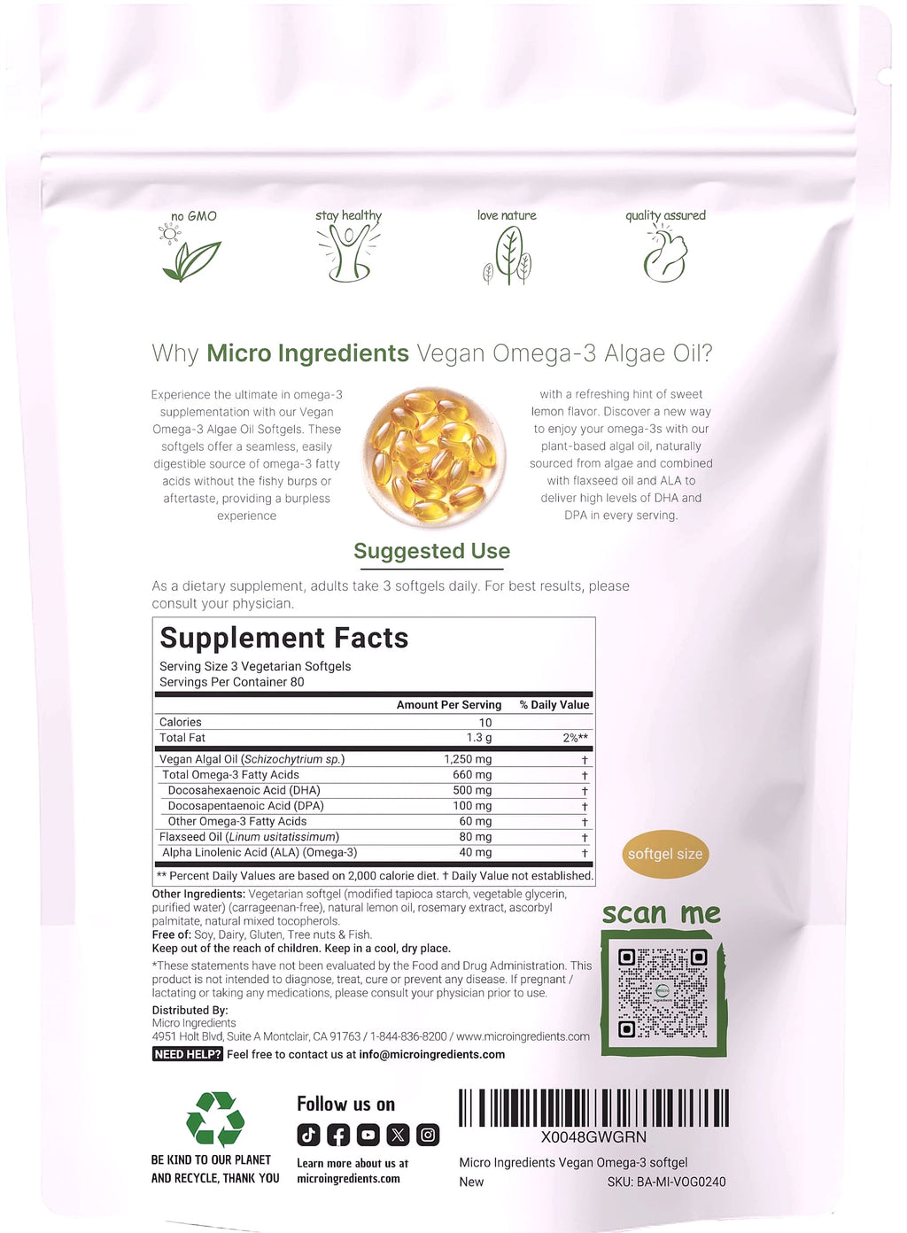 Micro Ingredients Vegan Omega 3 Algae Oil, 240 Softgels