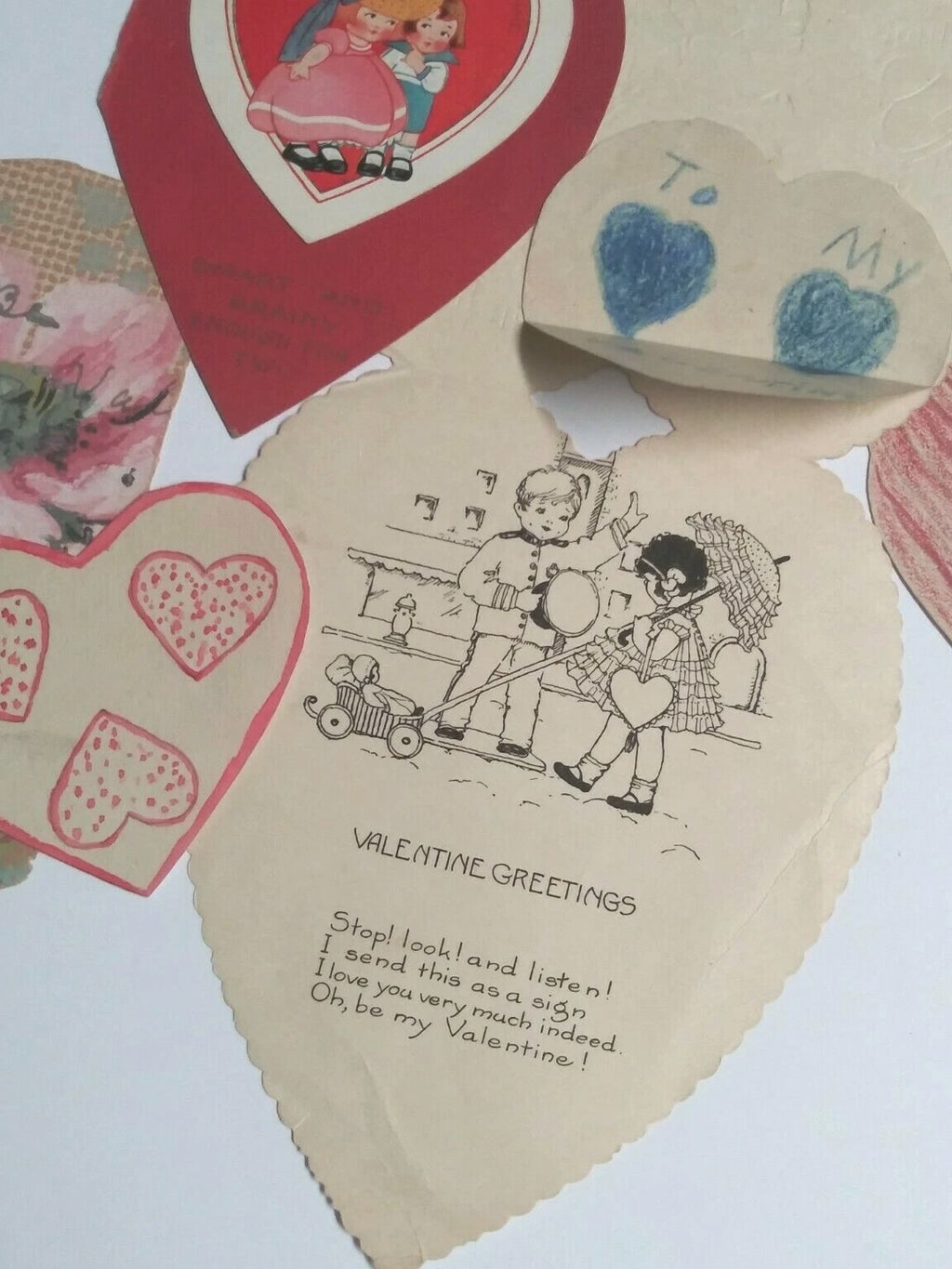 Valentine's Day Die Cut Handmade Vintage Love Hearts Card Lot - 14 Pieces, 3"-8" each