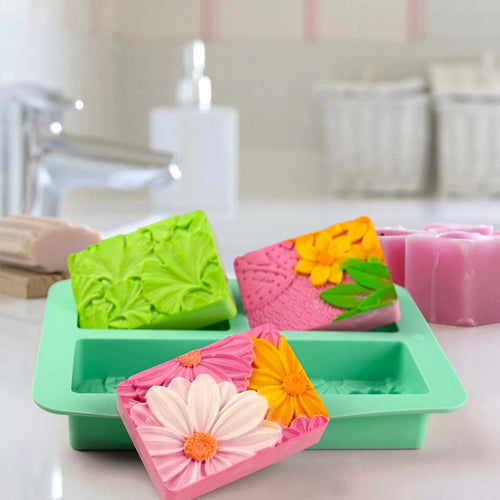2 Pack Silicone Soap Molds, Rectangle Soap Making Mold, 3D Rectangular Flower Pattern