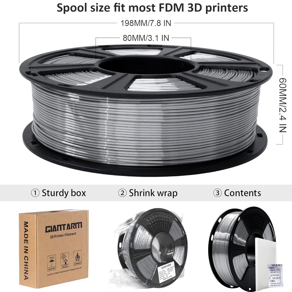 Silk Metallic Silver PLA 3D Printer Filament 1Kg Spool, 1.75Mm Dimensional Accuracy