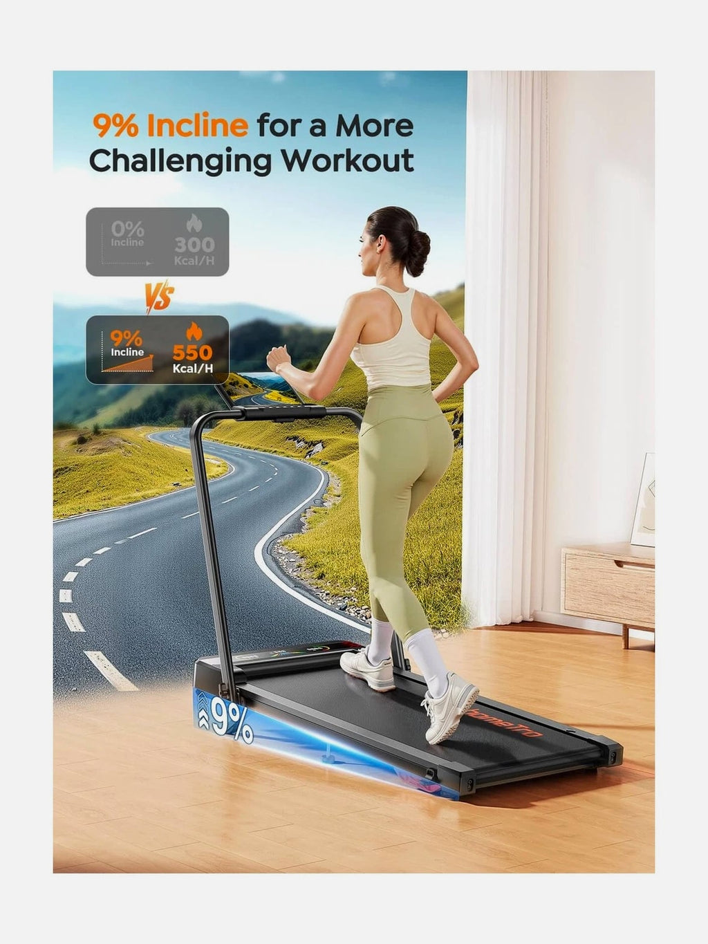 Walking Pad Treadmill with 9% Incline, Dual LED Display, 4 in 1 Foldable Tre...