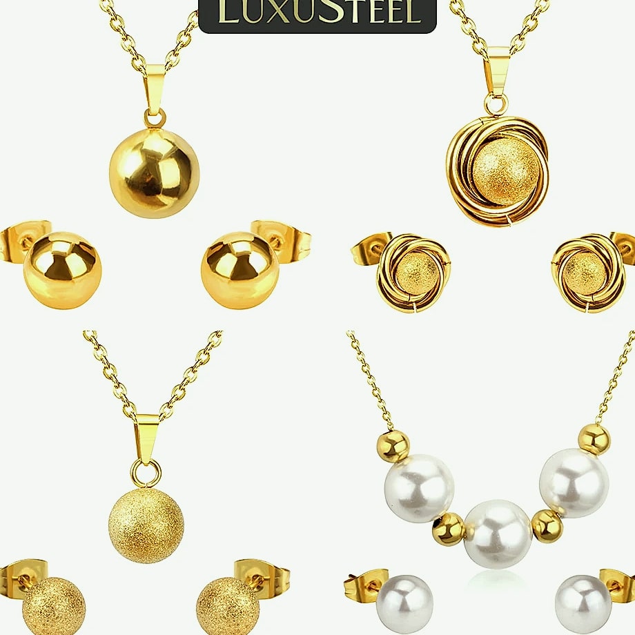 LUXUSTEEL Stainless Steel Round Ball Pendant Necklace Set